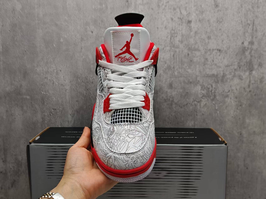 AJ4 White Laser Sneakers | Red & Black Accents