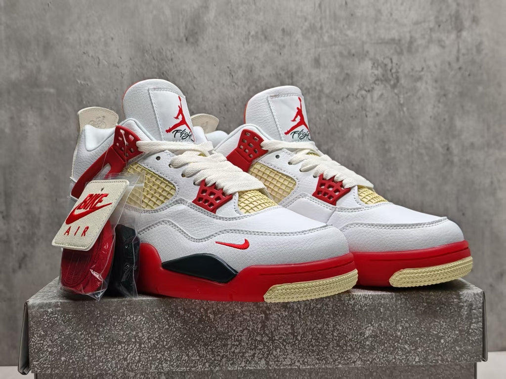 AJ4 White & Vermilion Red Lace-Up Sneakers