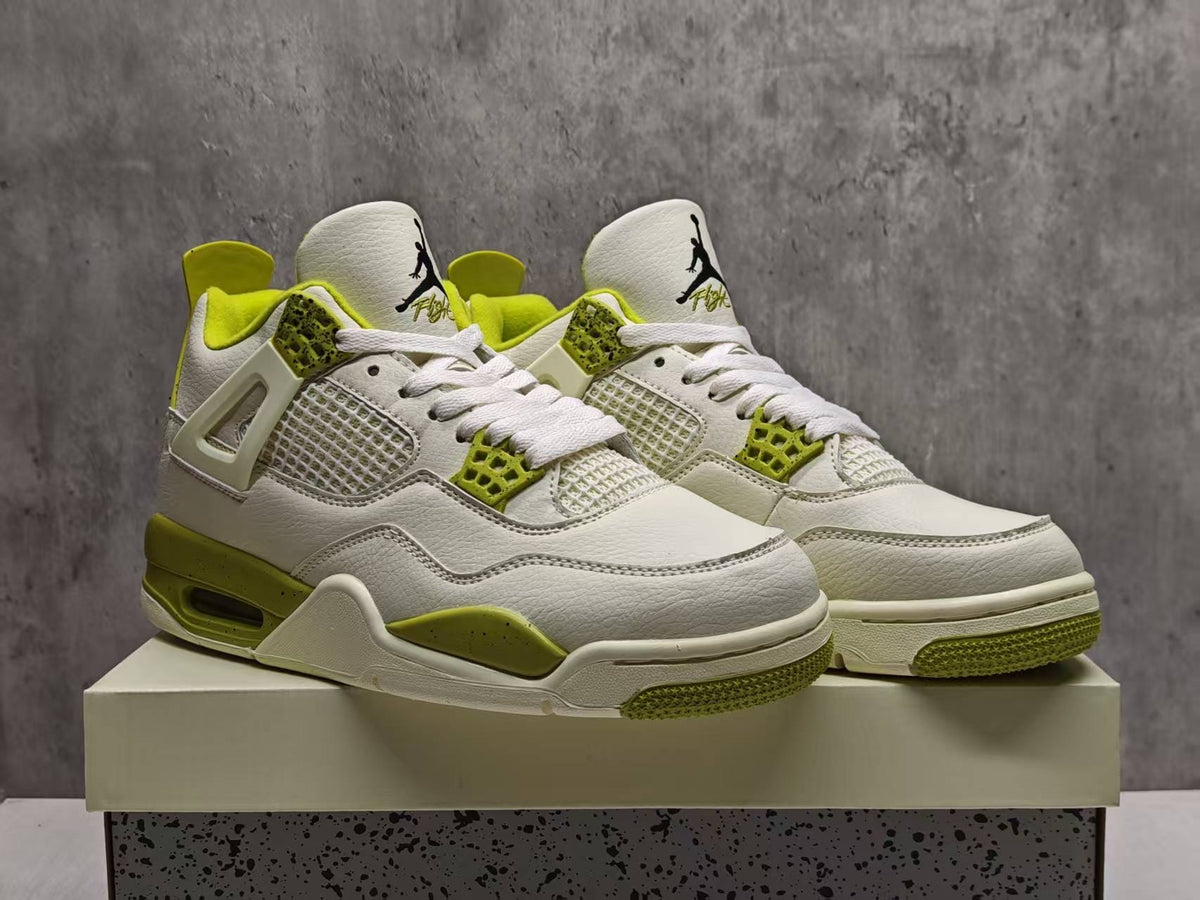 AJ4 White & Avocado Green Lace-Up Sneakers