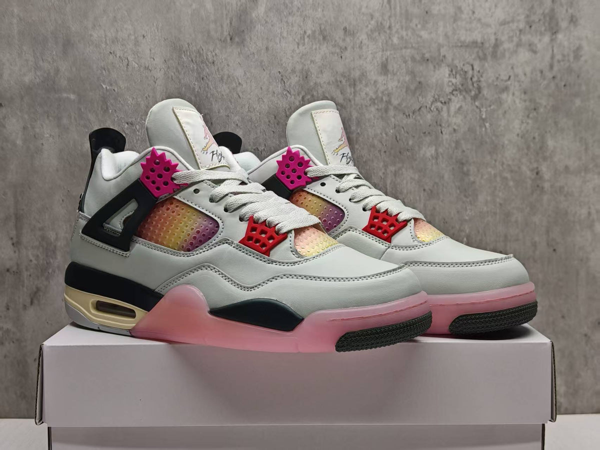 AJ4 White & Pink Comic-Style Lace-Up Sneakers