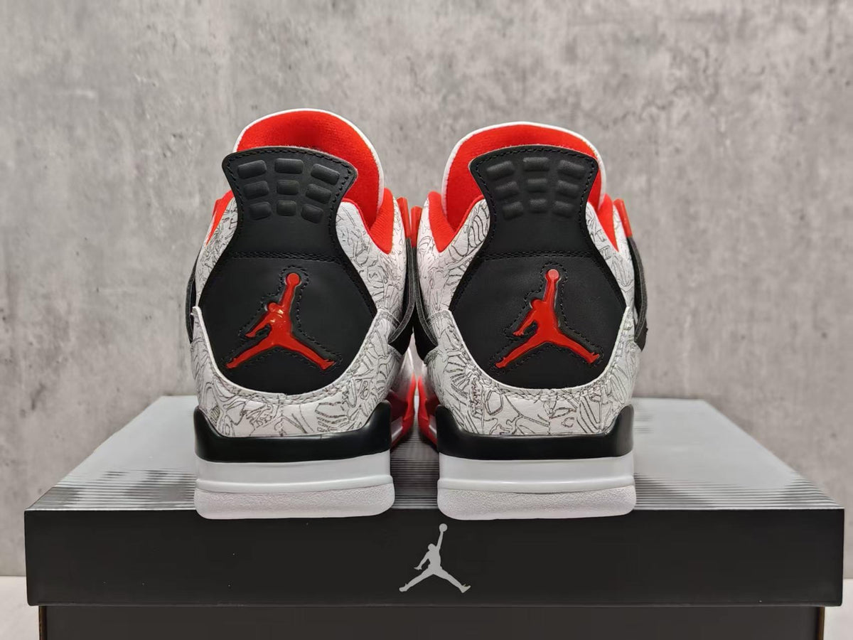 AJ4 White Laser Sneakers | Red & Black Accents