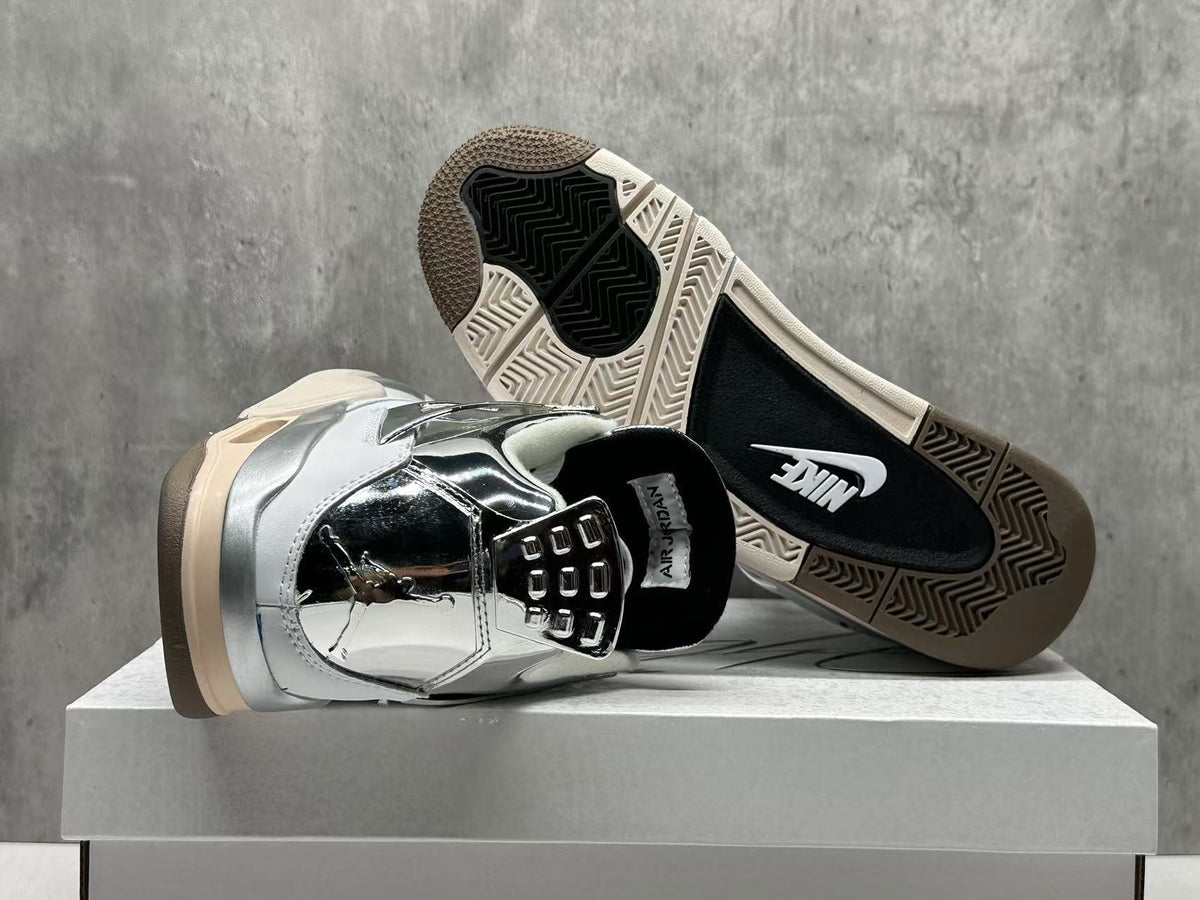 AJ4 White & Metallic Silver Sneakers