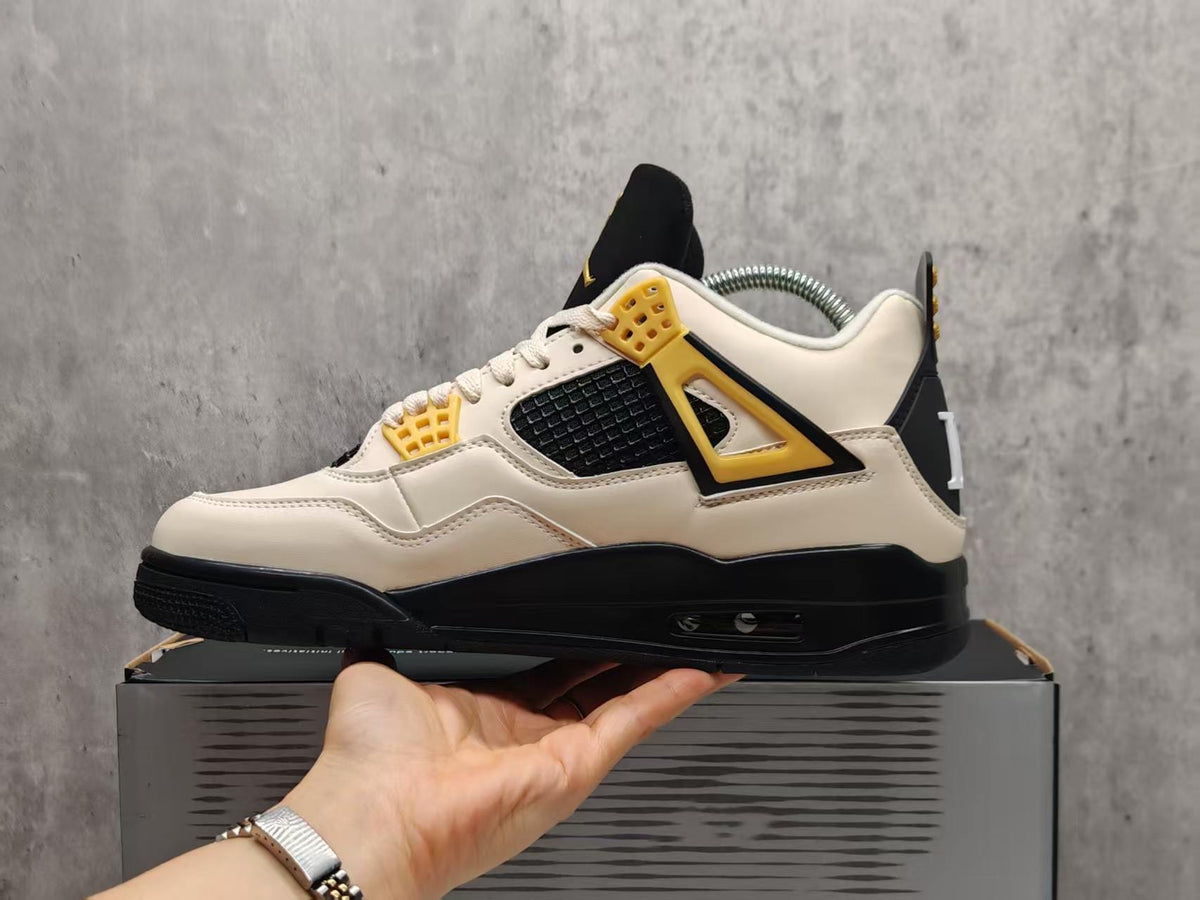 AJ4 Cream & Black Sneakers with Gold-Tone Accents