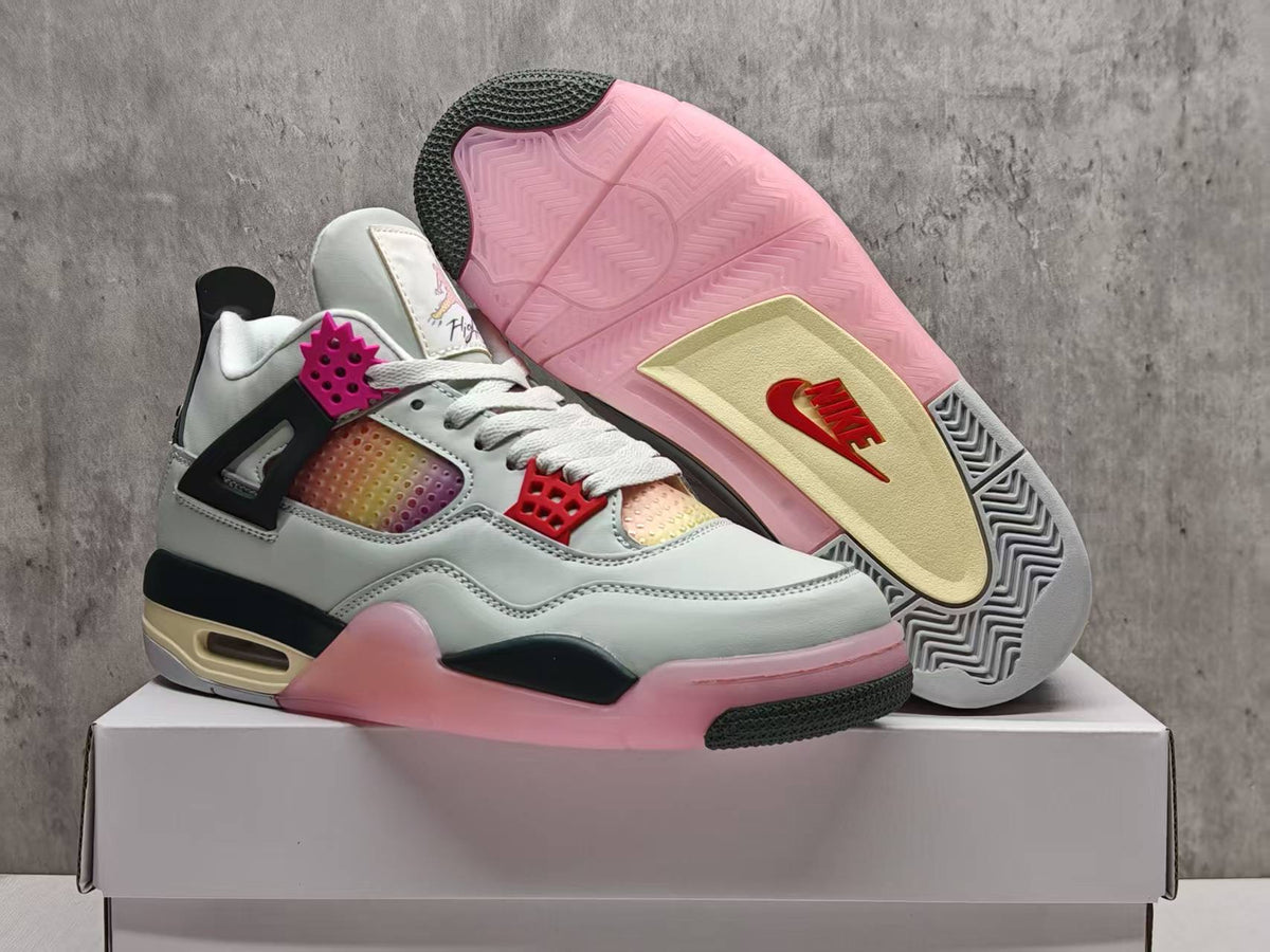 AJ4 White & Pink Comic-Style Lace-Up Sneakers