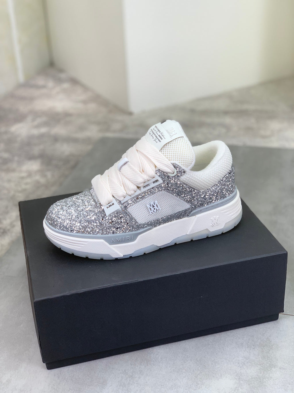 AMIRI Silver Glitter & White Low-Top Sneakers