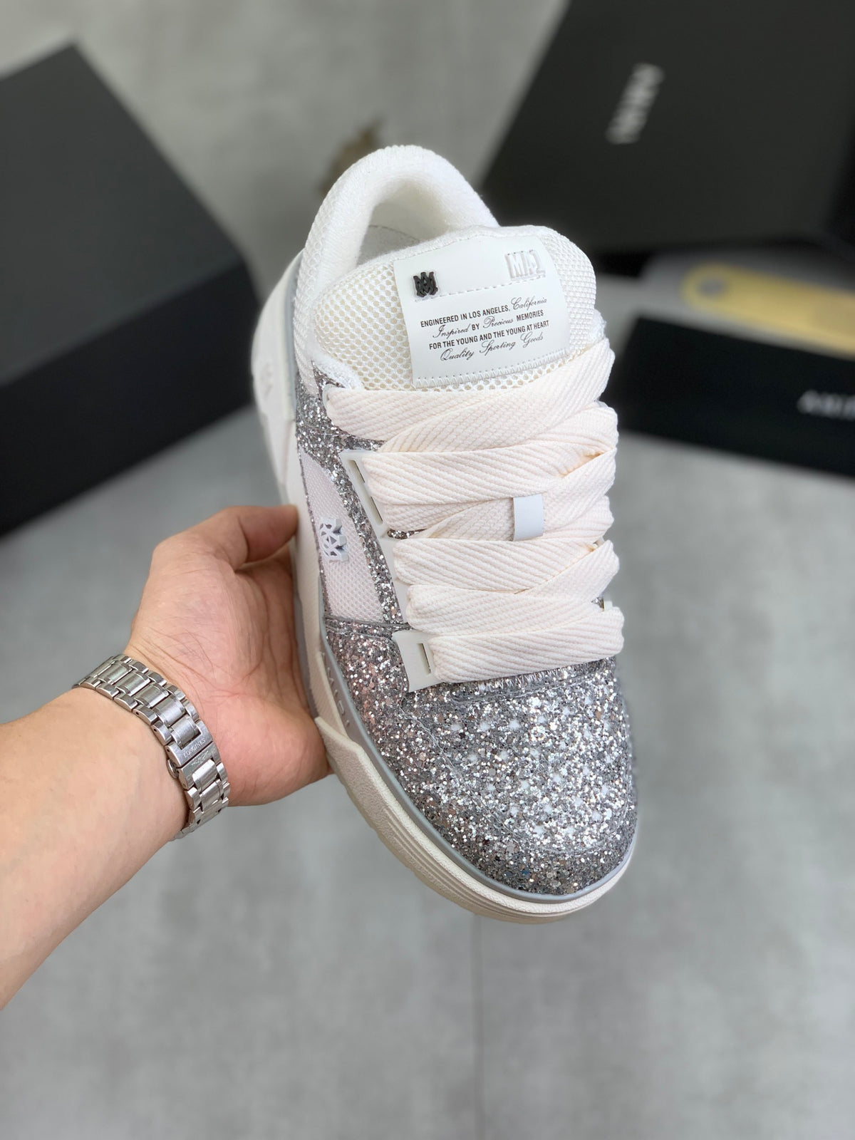 AMIRI Silver Glitter & White Low-Top Sneakers