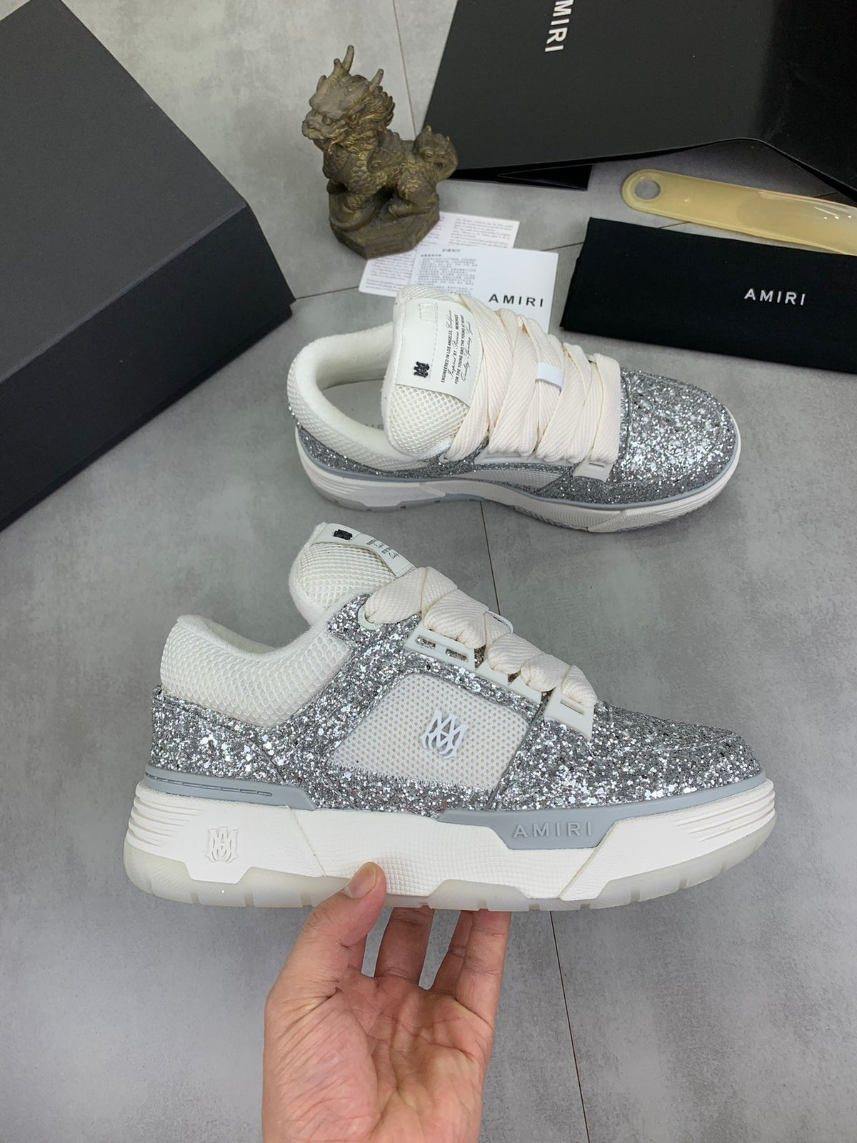 AMIRI Silver Glitter & White Low-Top Sneakers