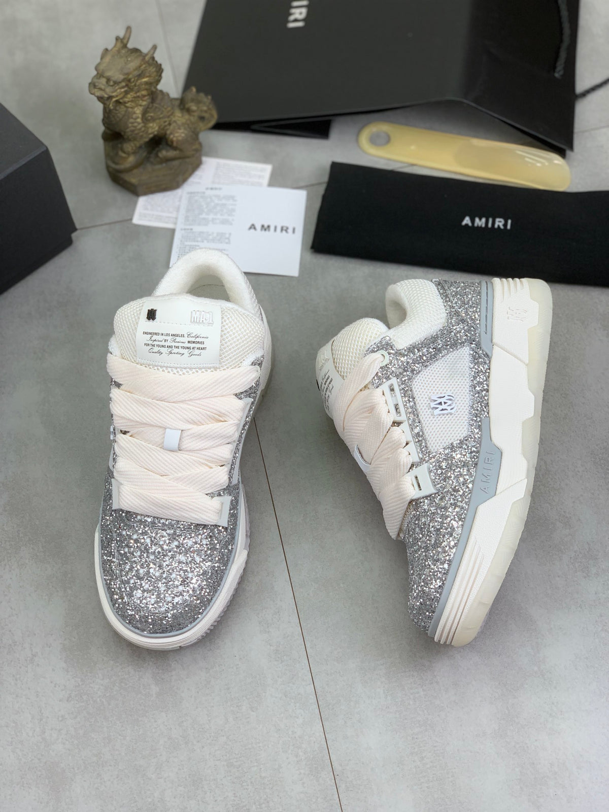 AMIRI Silver Glitter & White Low-Top Sneakers