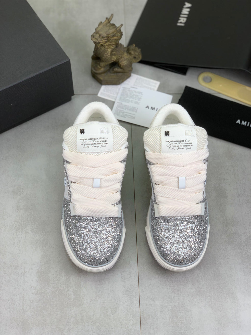 AMIRI Silver Glitter & White Low-Top Sneakers