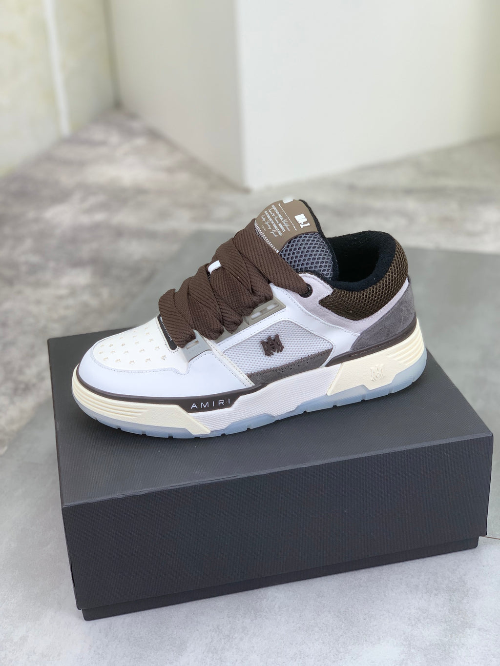 AMIRI White & Gray Low-Top Sneakers with Brown Laces