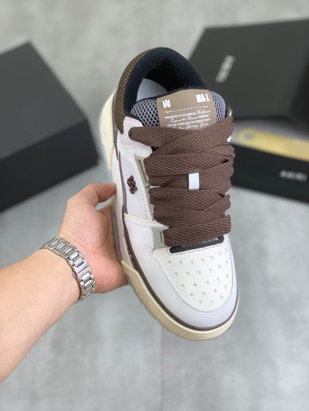 AMIRI White & Gray Low-Top Sneakers with Brown Laces