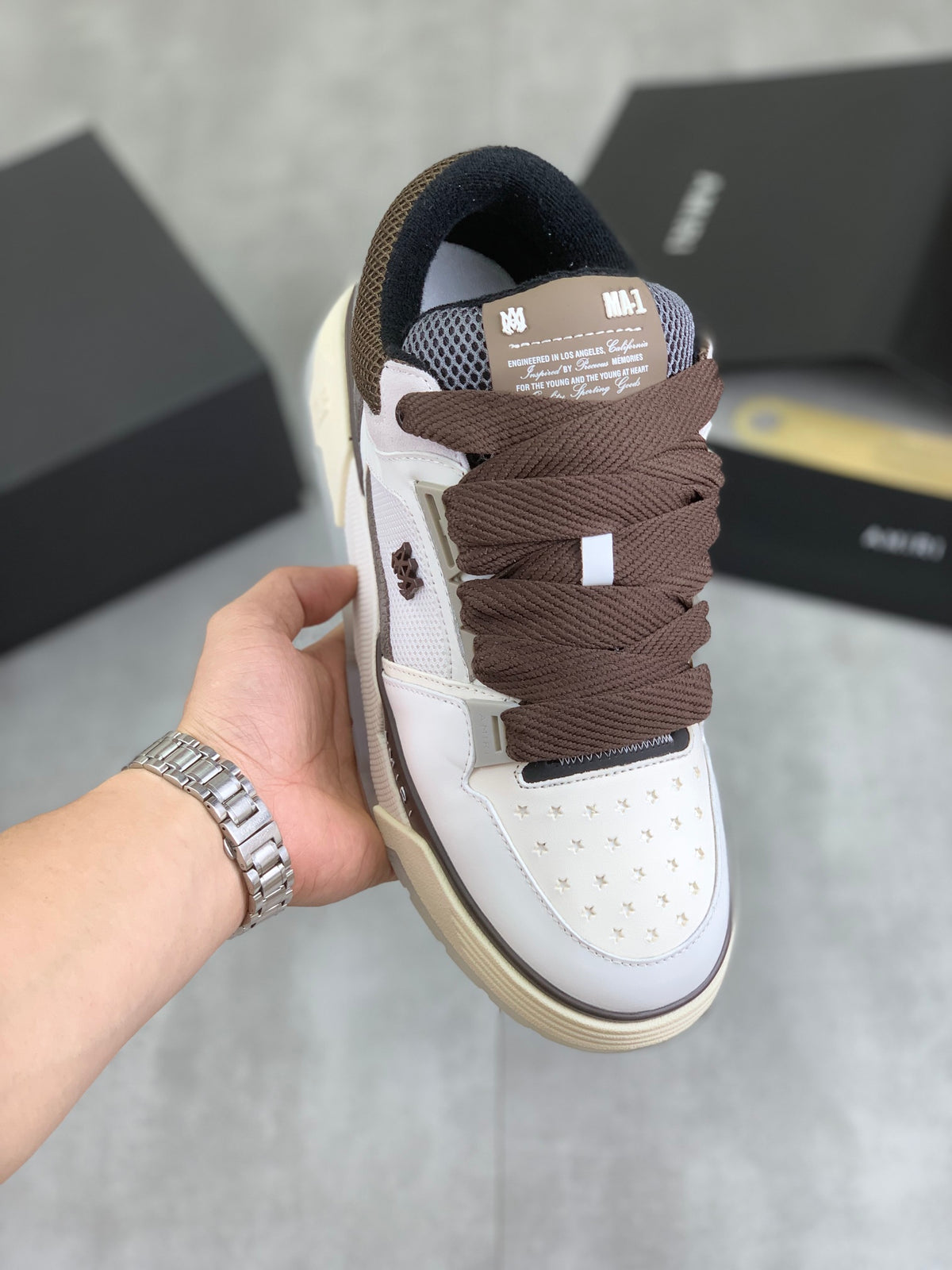 AMIRI White & Gray Low-Top Sneakers with Brown Laces