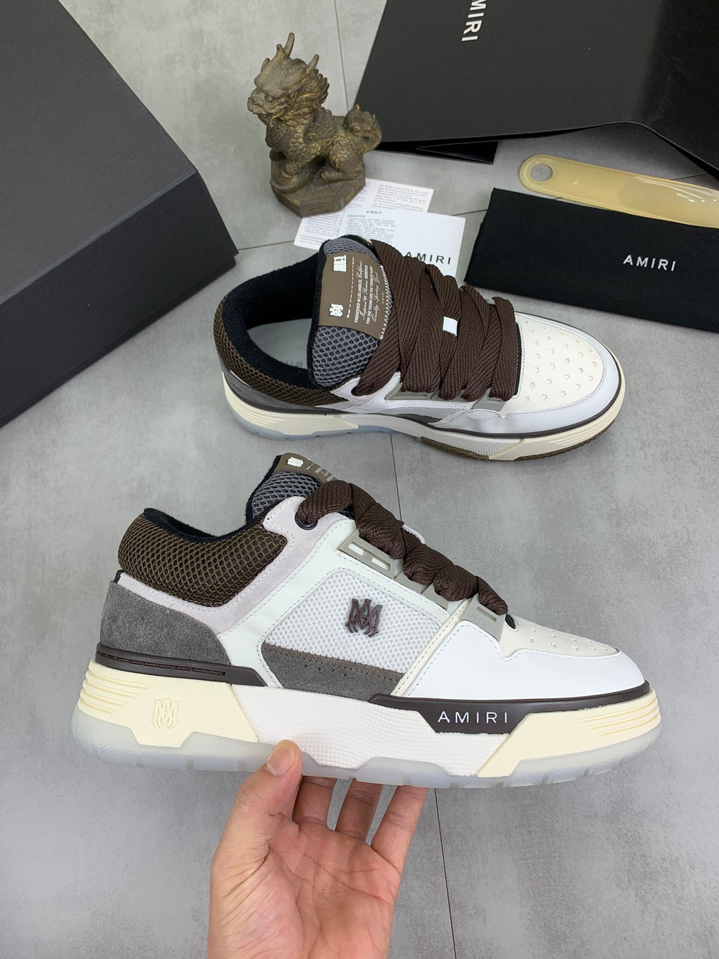 AMIRI White & Gray Low-Top Sneakers with Brown Laces