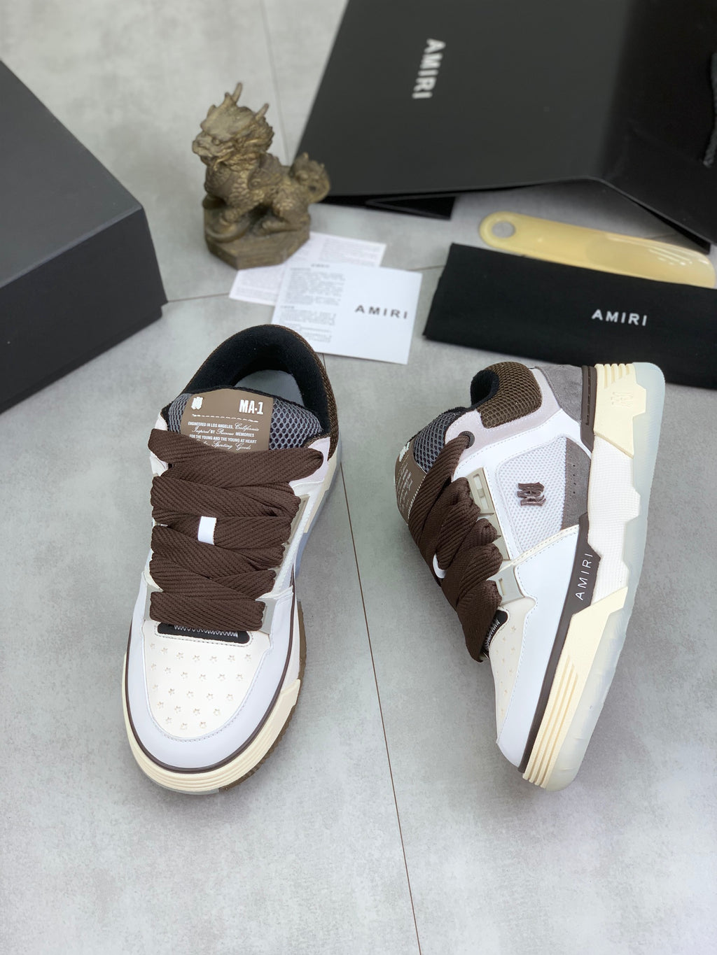 AMIRI White & Gray Low-Top Sneakers with Brown Laces