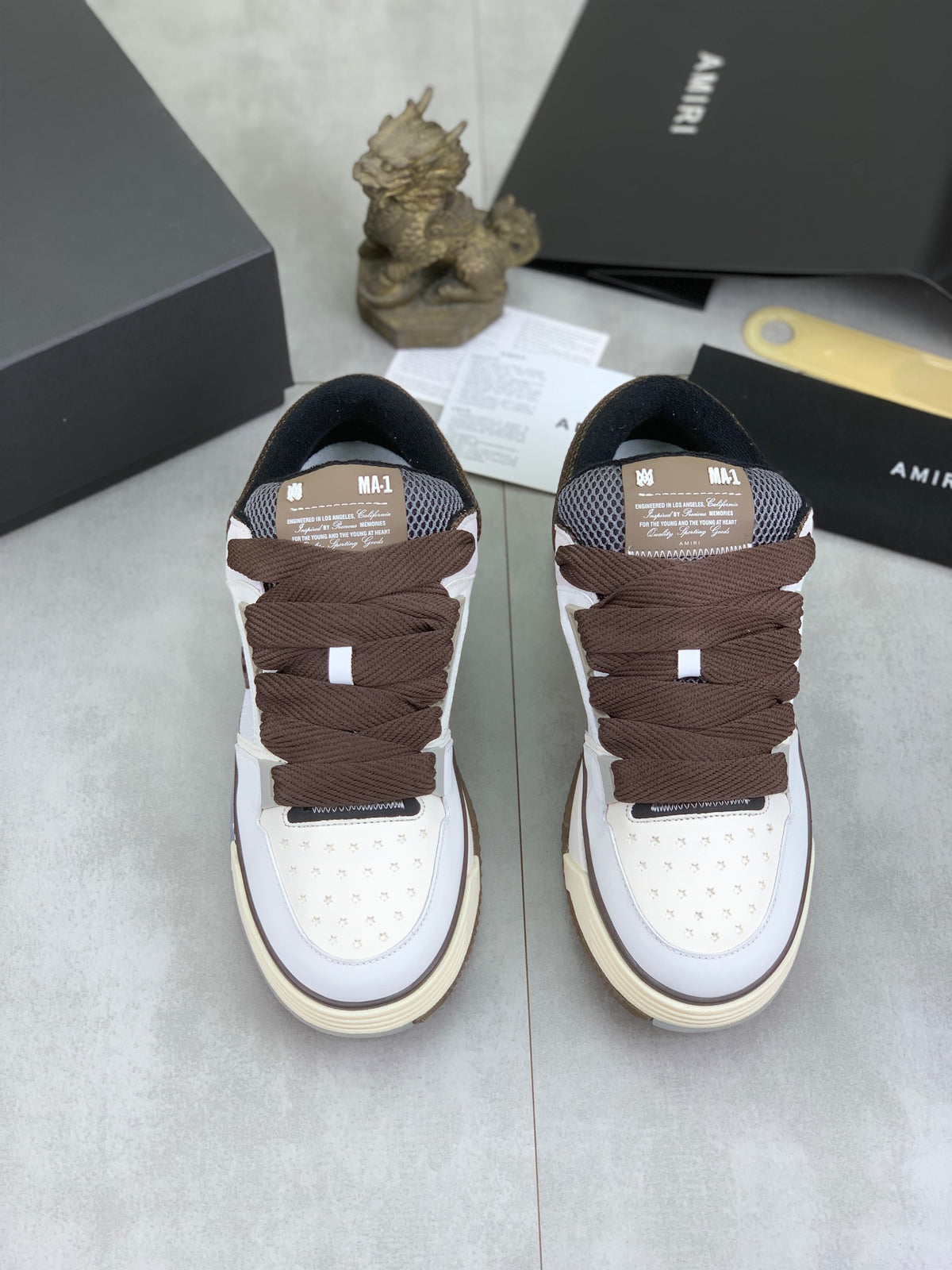 AMIRI White & Gray Low-Top Sneakers with Brown Laces