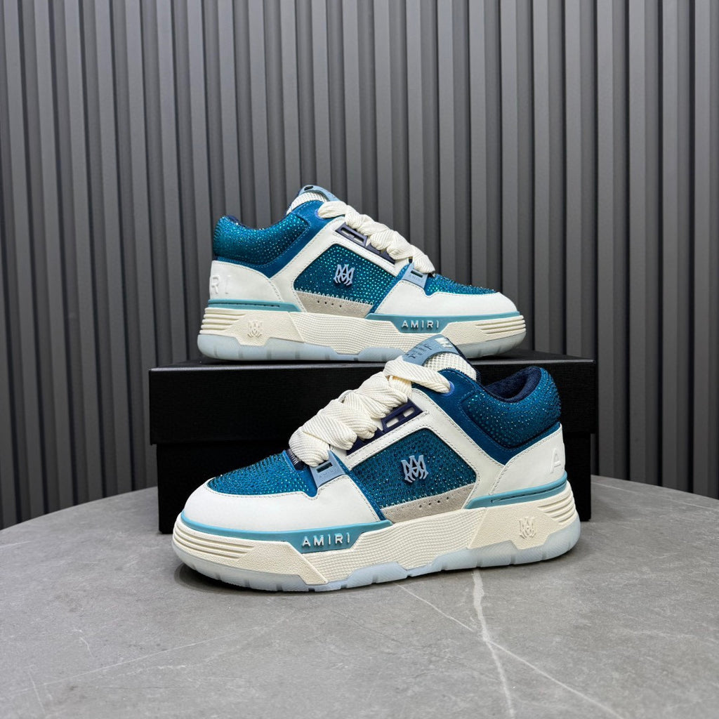 AMIRI Teal Blue & White Rhinestone-Detail Chunky Sneakers