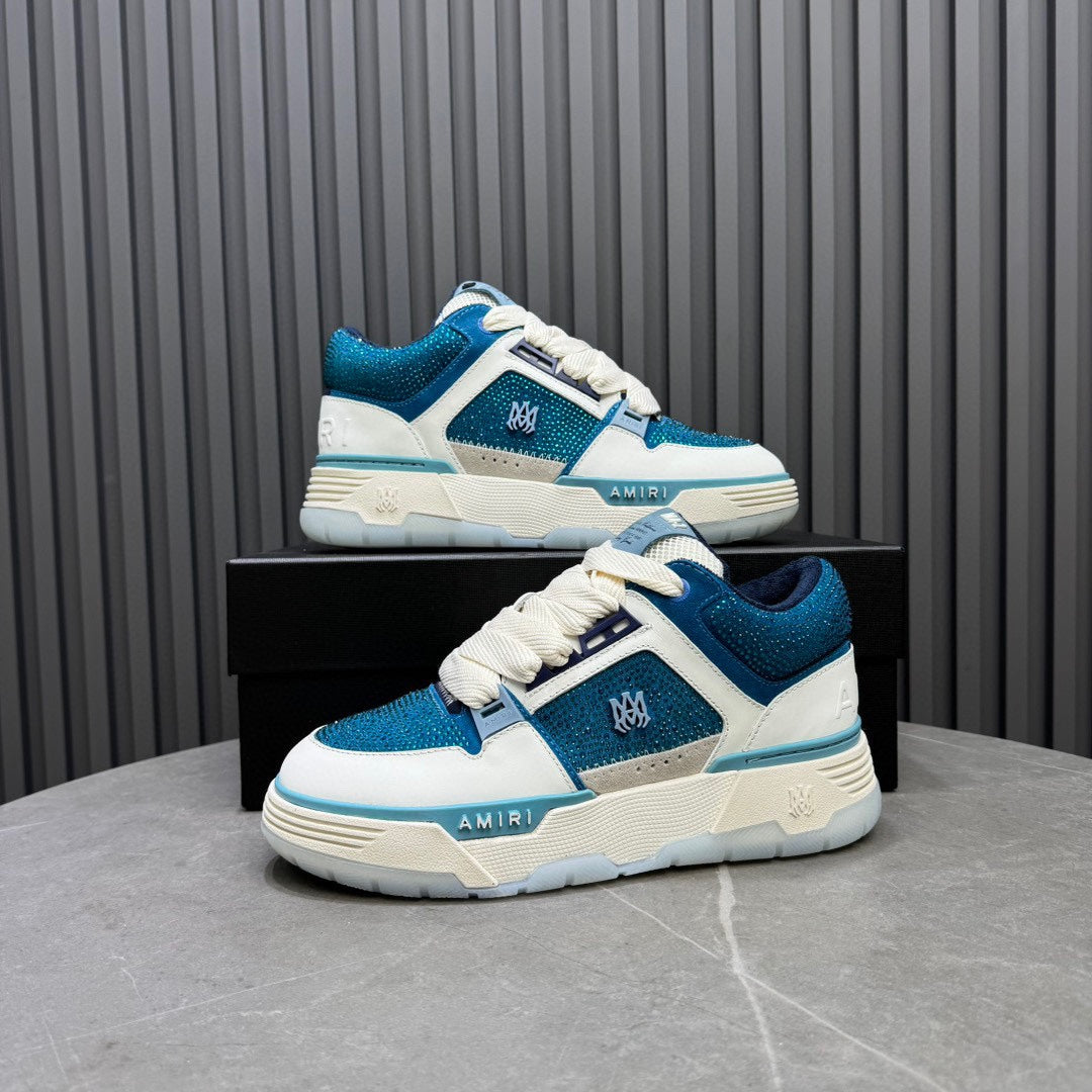 AMIRI Teal Blue & White Rhinestone-Detail Chunky Sneakers