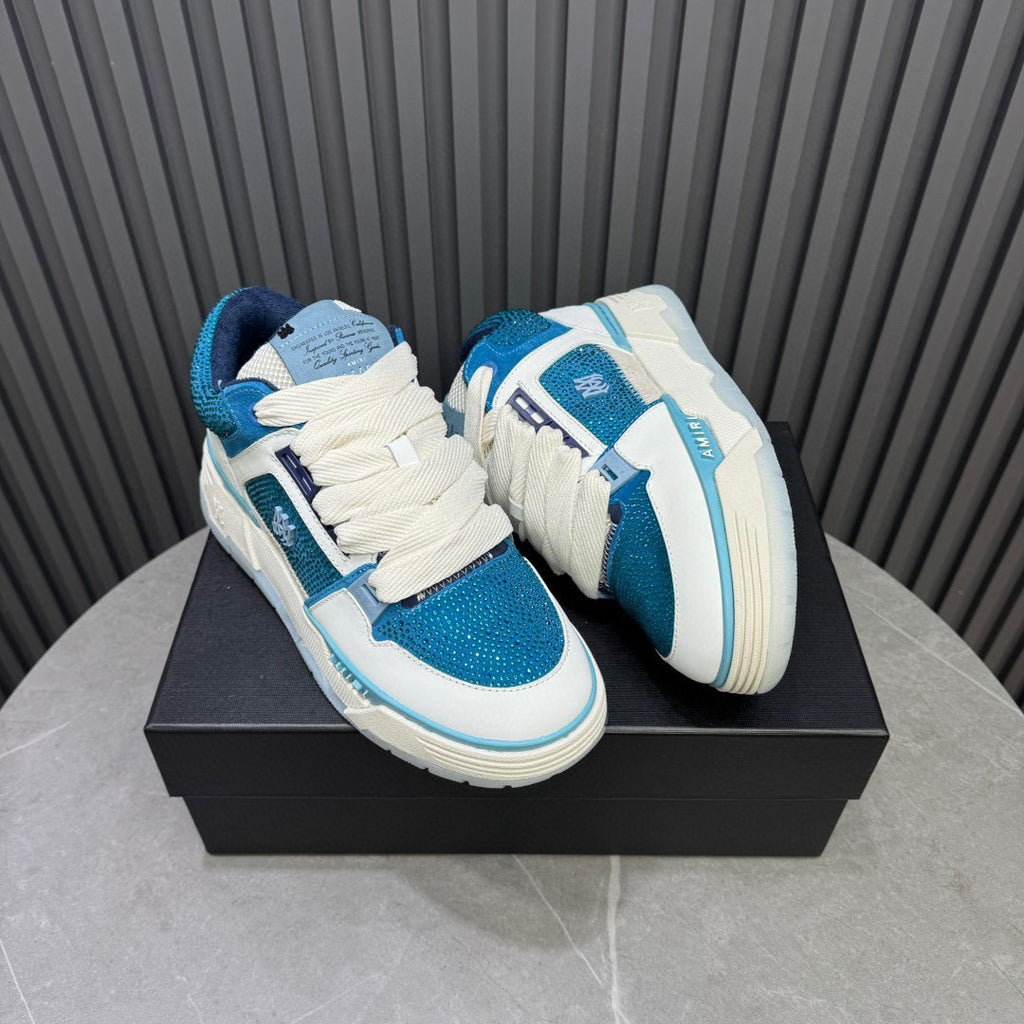 AMIRI Teal Blue & White Rhinestone-Detail Chunky Sneakers