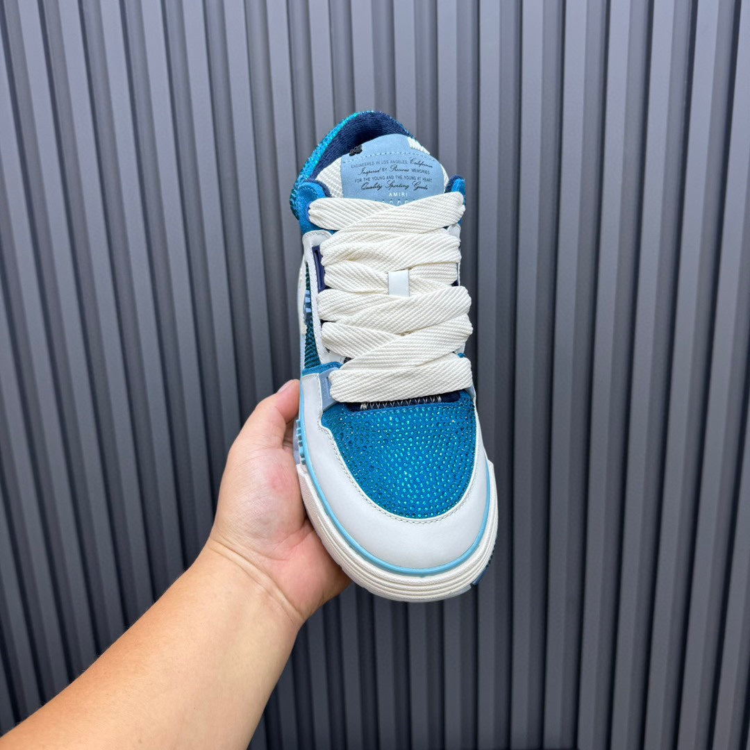 AMIRI Teal Blue & White Rhinestone-Detail Chunky Sneakers
