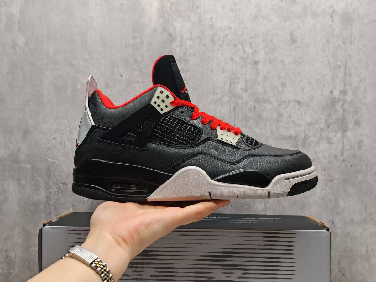 AJ4 Black Laser Sneakers | Red & White Accents