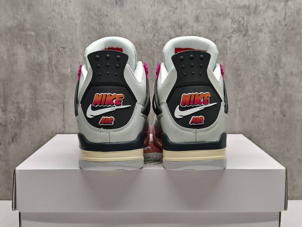 AJ4 White & Pink Comic-Style Lace-Up Sneakers
