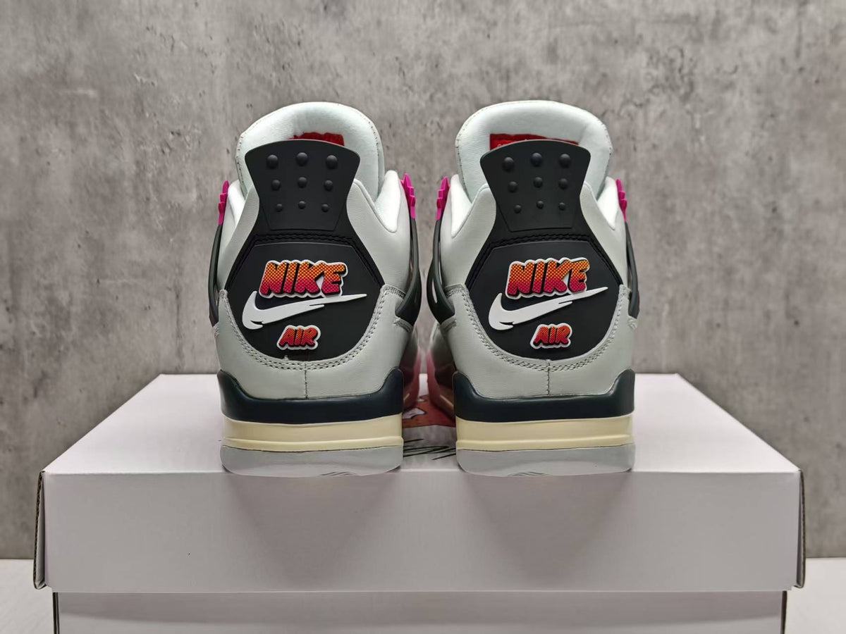 AJ4 White & Pink Comic-Style Lace-Up Sneakers