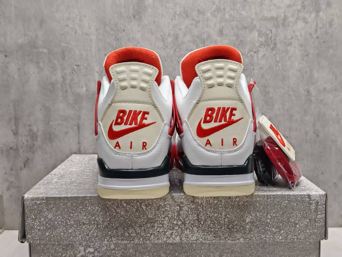 AJ4 White & Vermilion Red Lace-Up Sneakers