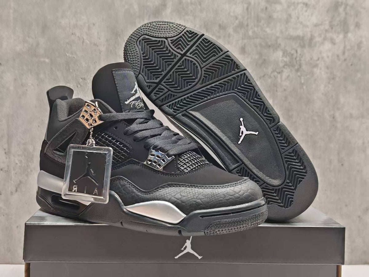 AJ4 Black & Silver Lace-Up Sneakers