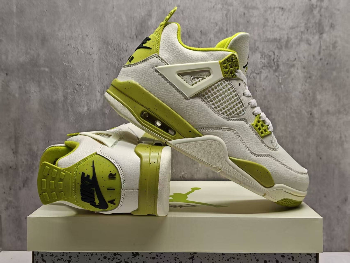 AJ4 White & Avocado Green Lace-Up Sneakers