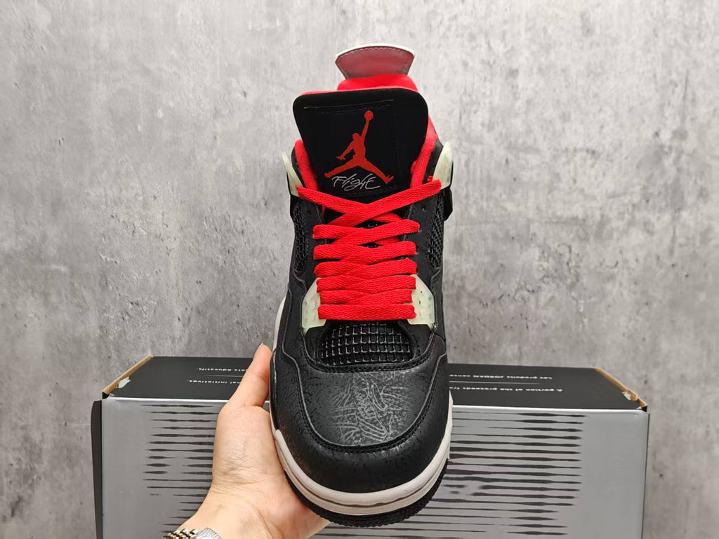 AJ4 Black Laser Sneakers | Red & White Accents
